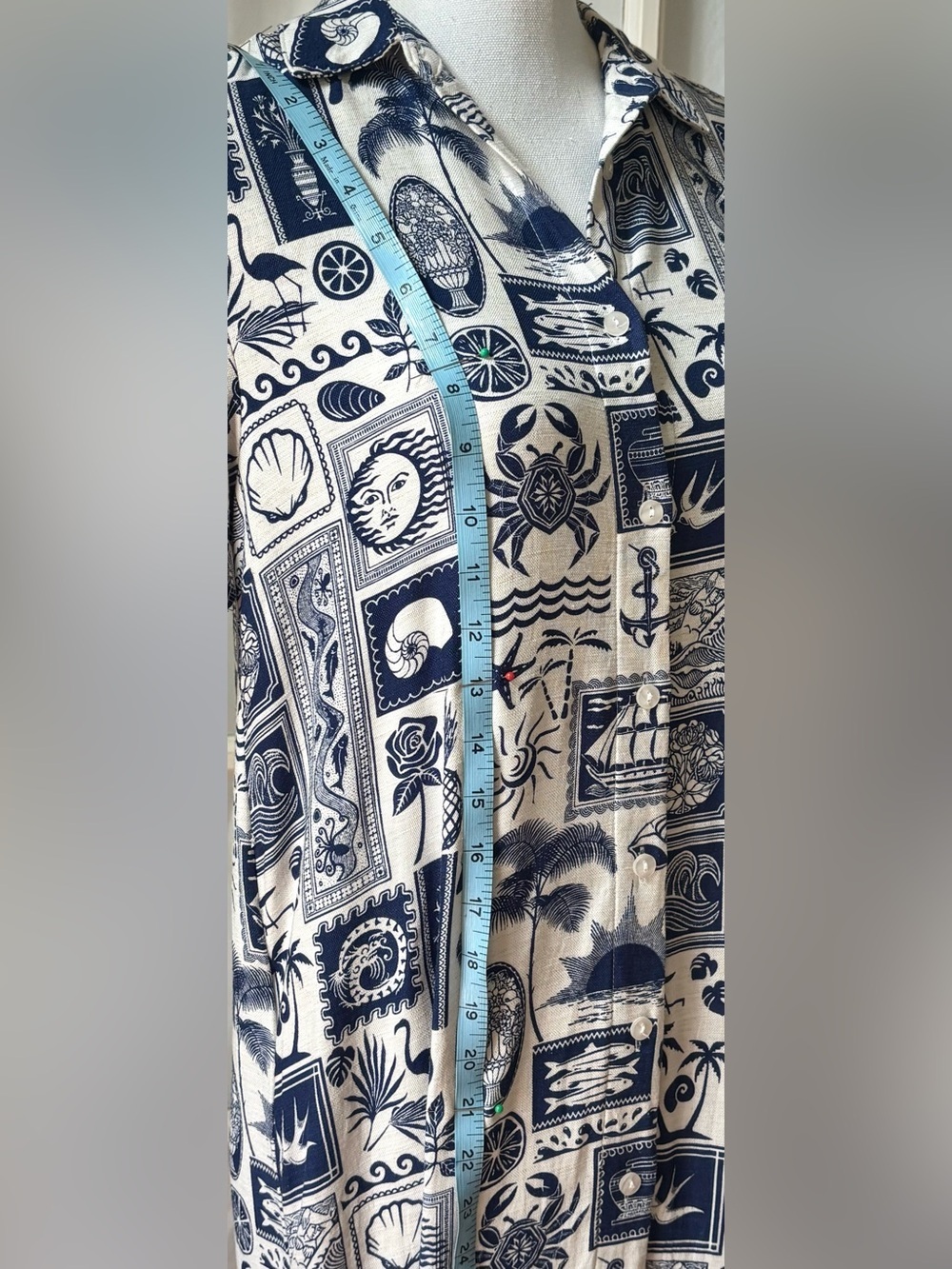 Jane + Delancey Coastal Postcard Shirt Dress Blue White Linen Blend Small - Picture 8 of 8